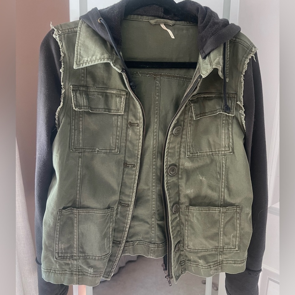 Free People Green Utility Vest with Black Sleeves